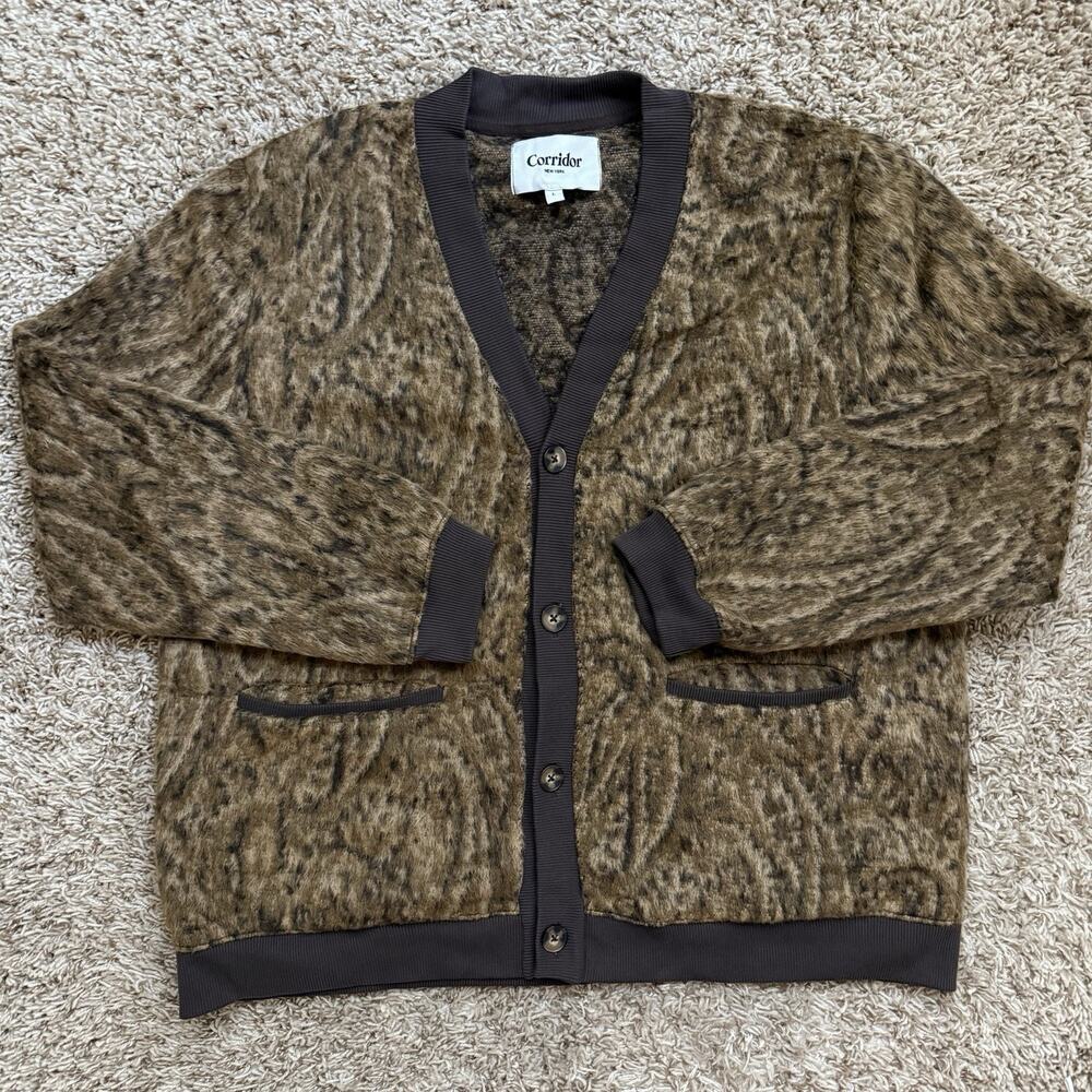 Corridor NYC Opus Brushed Paisley Jacquard Knitted Cardigan Brown Sweater Size L